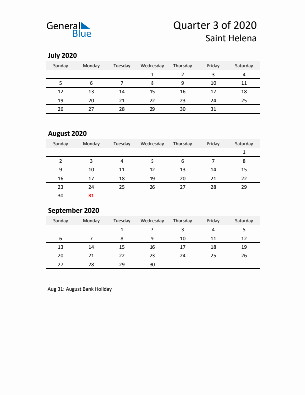 2020 Q3 Three-Month Calendar for Saint Helena