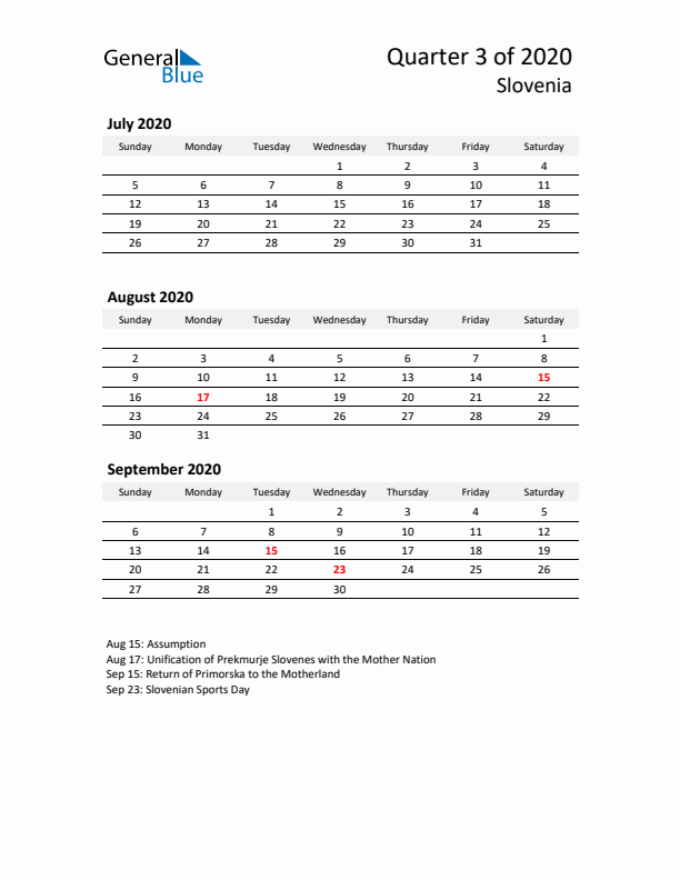 2020 Q3 Three-Month Calendar for Slovenia