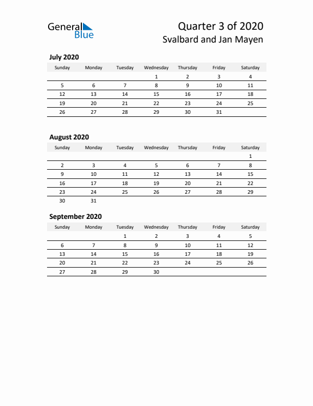 2020 Q3 Three-Month Calendar for Svalbard and Jan Mayen