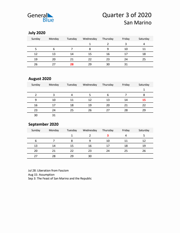 2020 Q3 Three-Month Calendar for San Marino