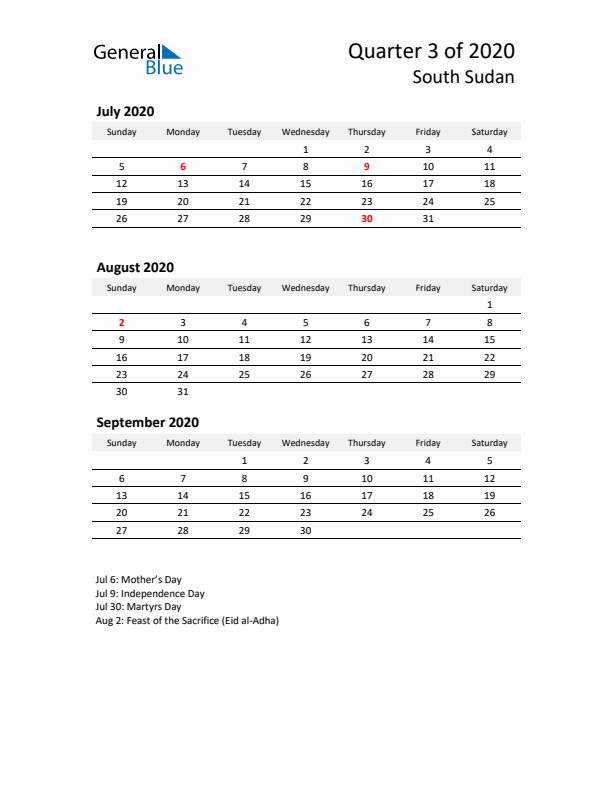 2020 Q3 Three-Month Calendar for South Sudan