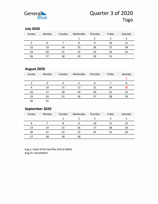 2020 Q3 Three-Month Calendar for Togo