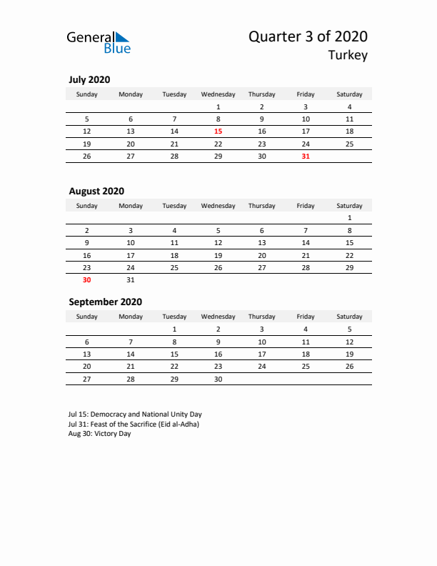 2020 Q3 Three-Month Calendar for Turkey