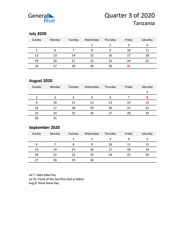 2020 Q3 Three-Month Calendar for Tanzania