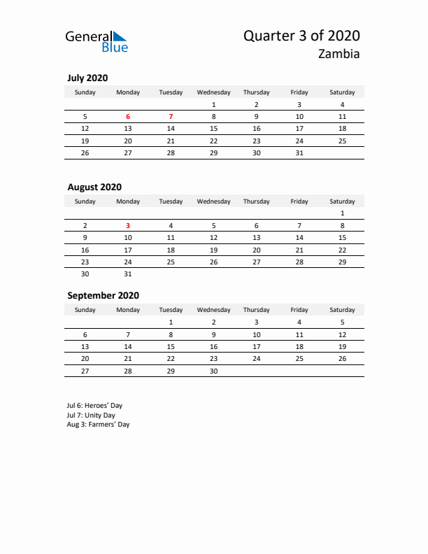 2020 Q3 Three-Month Calendar for Zambia