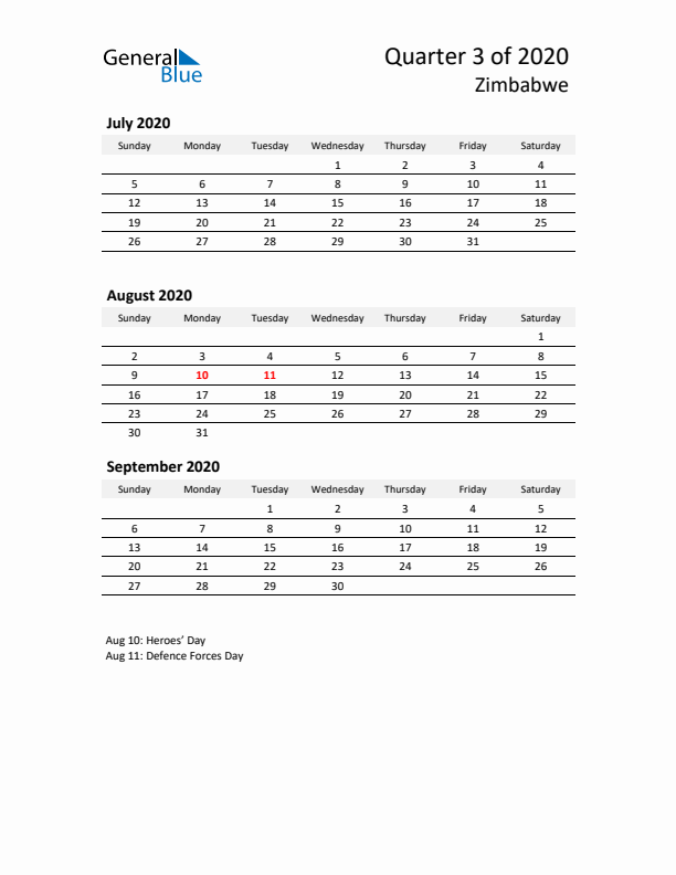 2020 Q3 Three-Month Calendar for Zimbabwe