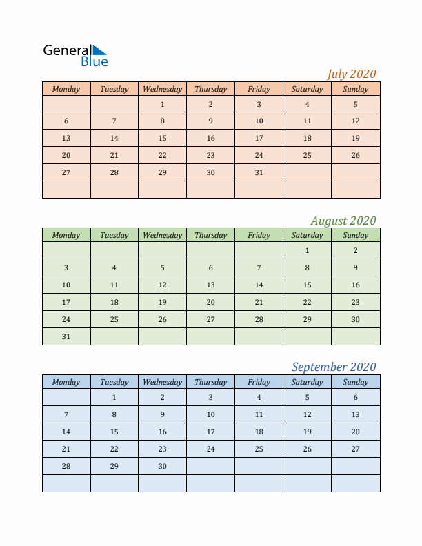 Three-Month Calendar for Year 2020 (July, August, and September)