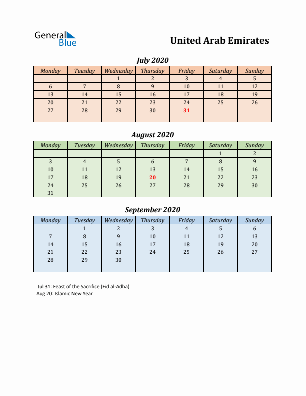 Q3 2020 Holiday Calendar - United Arab Emirates