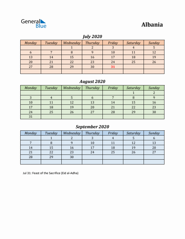 Q3 2020 Holiday Calendar - Albania