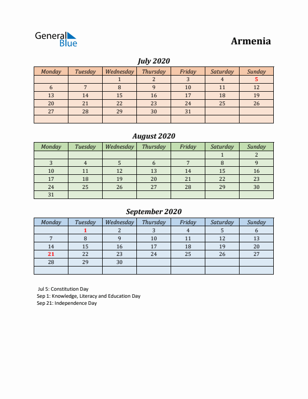 Q3 2020 Holiday Calendar - Armenia