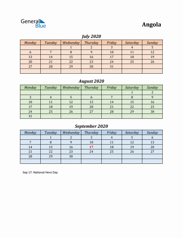 Q3 2020 Holiday Calendar - Angola