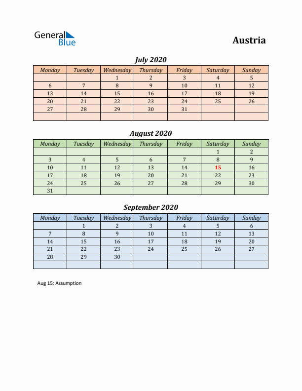 Q3 2020 Holiday Calendar - Austria