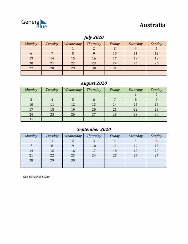 Q3 2020 Holiday Calendar - Australia