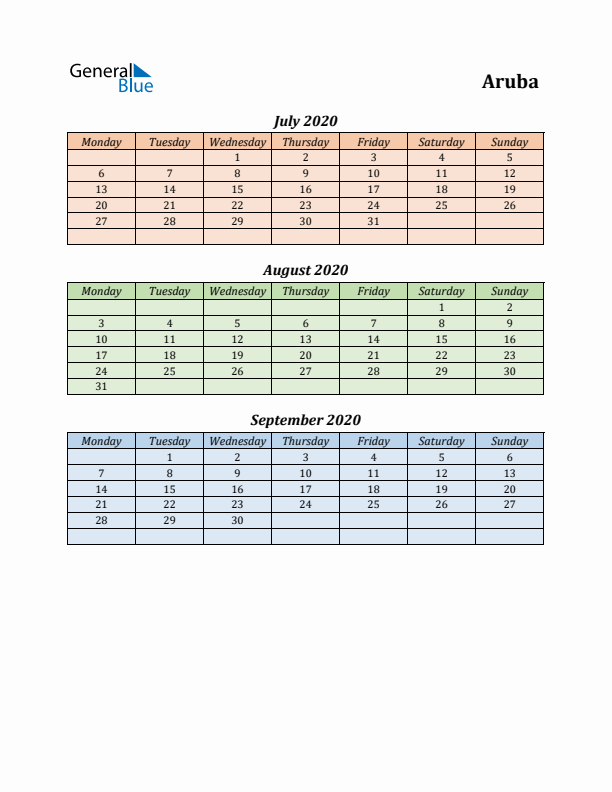 Q3 2020 Holiday Calendar - Aruba