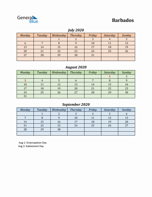 Q3 2020 Holiday Calendar - Barbados