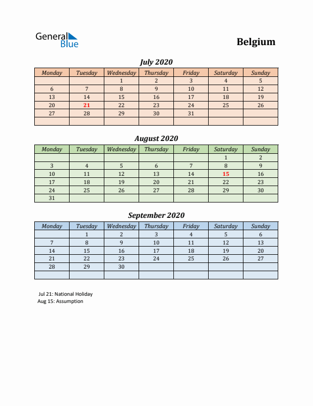 Q3 2020 Holiday Calendar - Belgium