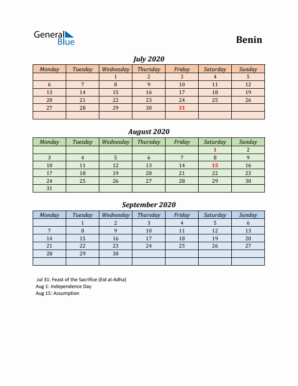 Q3 2020 Holiday Calendar - Benin