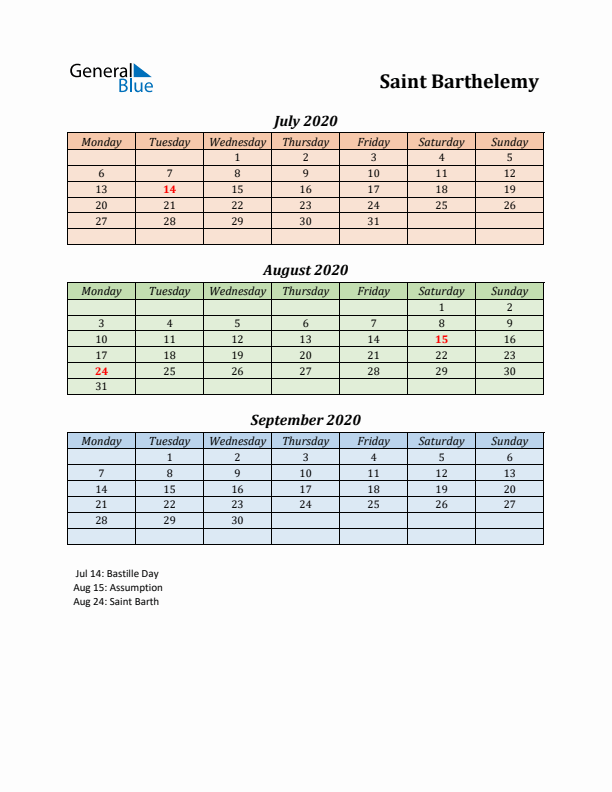 Q3 2020 Holiday Calendar - Saint Barthelemy