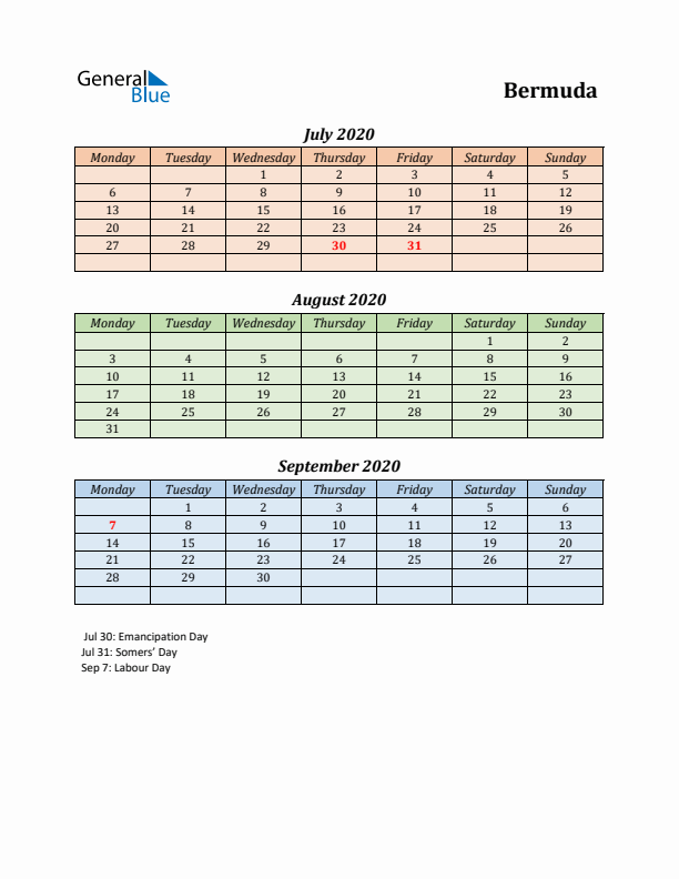 Q3 2020 Holiday Calendar - Bermuda