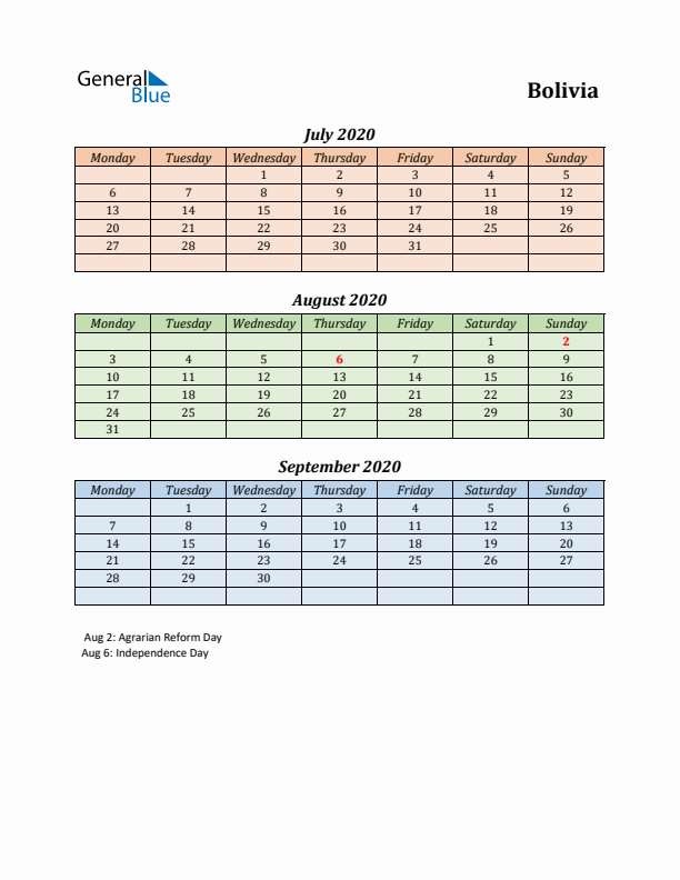 Q3 2020 Holiday Calendar - Bolivia