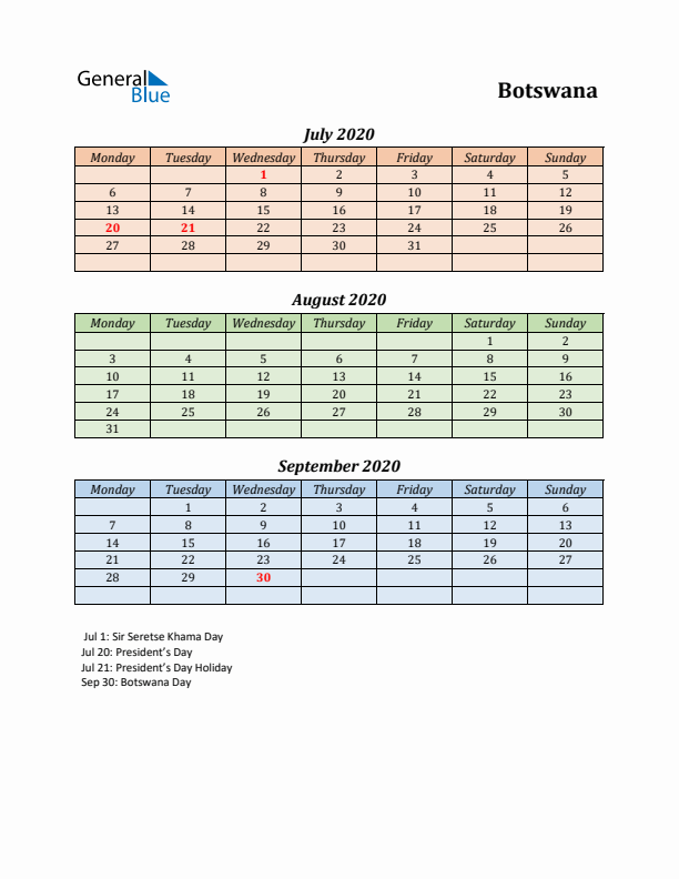 Q3 2020 Holiday Calendar - Botswana