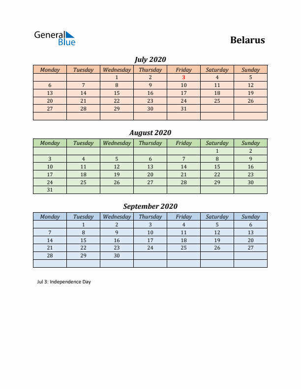 Q3 2020 Holiday Calendar - Belarus