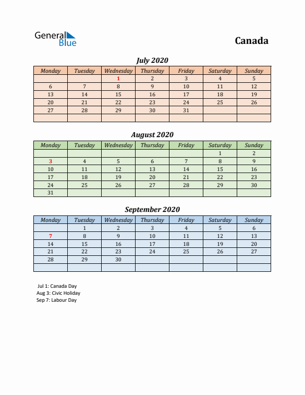 Q3 2020 Holiday Calendar - Canada