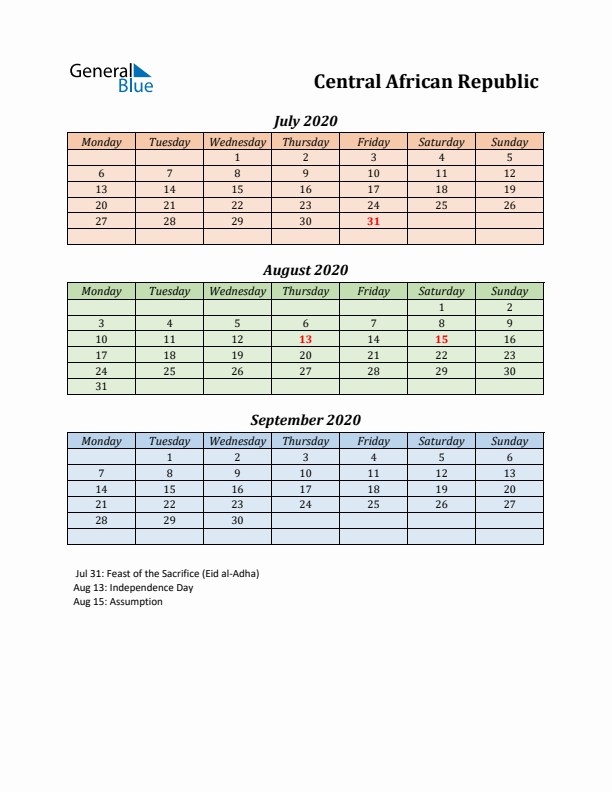 Q3 2020 Holiday Calendar - Central African Republic