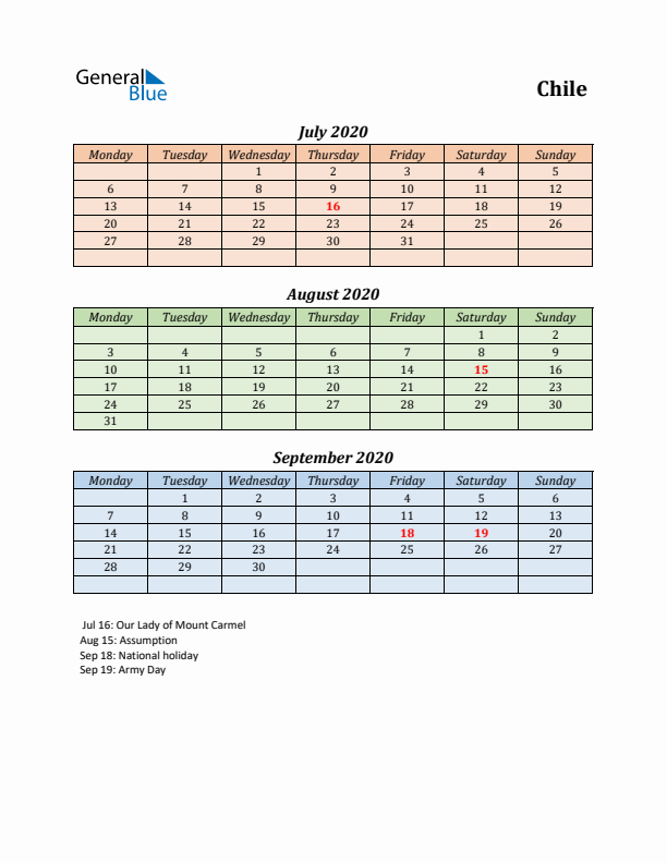 Q3 2020 Holiday Calendar - Chile