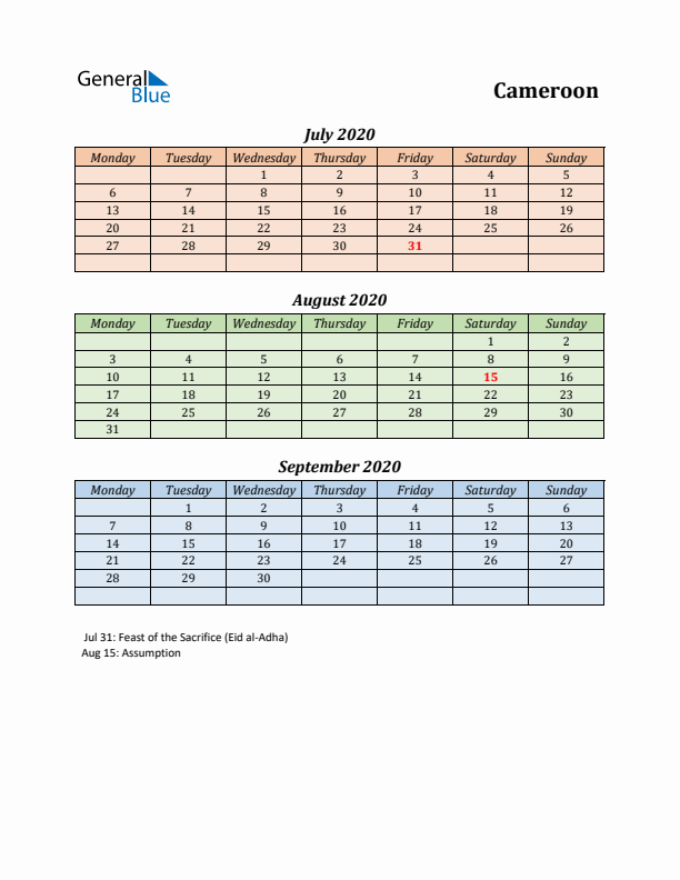 Q3 2020 Holiday Calendar - Cameroon