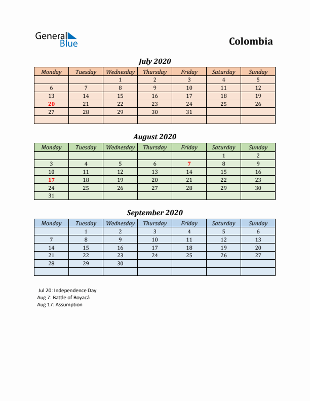 Q3 2020 Holiday Calendar - Colombia