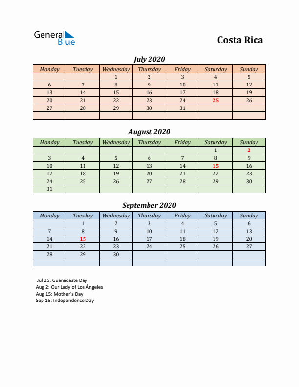 Q3 2020 Holiday Calendar - Costa Rica