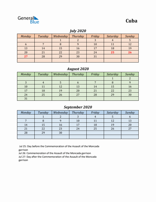 Q3 2020 Holiday Calendar - Cuba