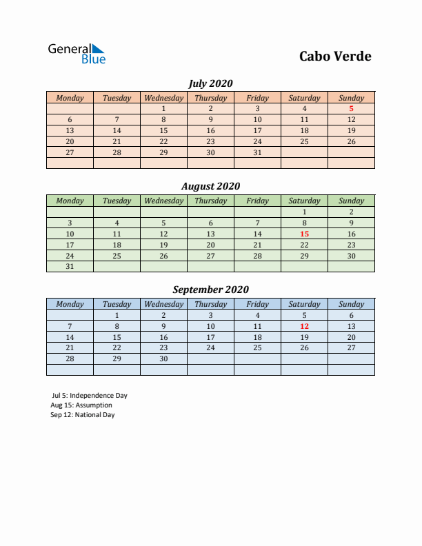 Q3 2020 Holiday Calendar - Cabo Verde