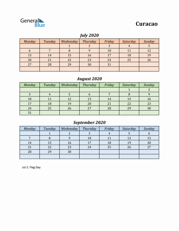 Q3 2020 Holiday Calendar - Curacao