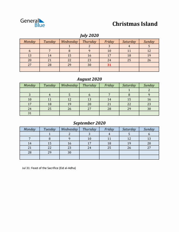 Q3 2020 Holiday Calendar - Christmas Island