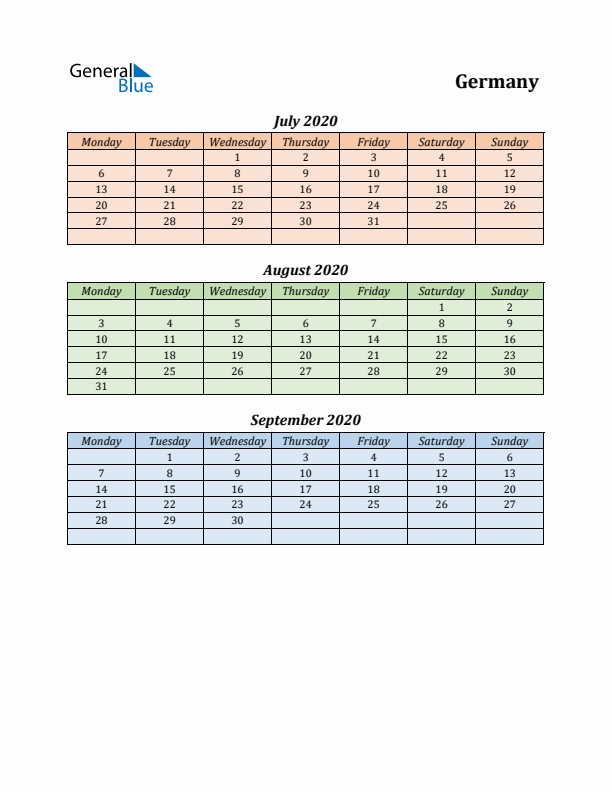 Q3 2020 Holiday Calendar - Germany