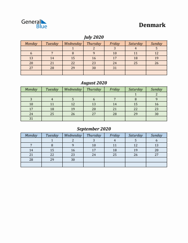 Q3 2020 Holiday Calendar - Denmark