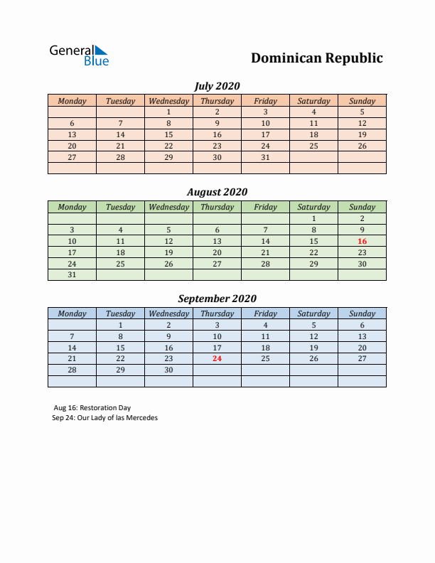 Q3 2020 Holiday Calendar - Dominican Republic