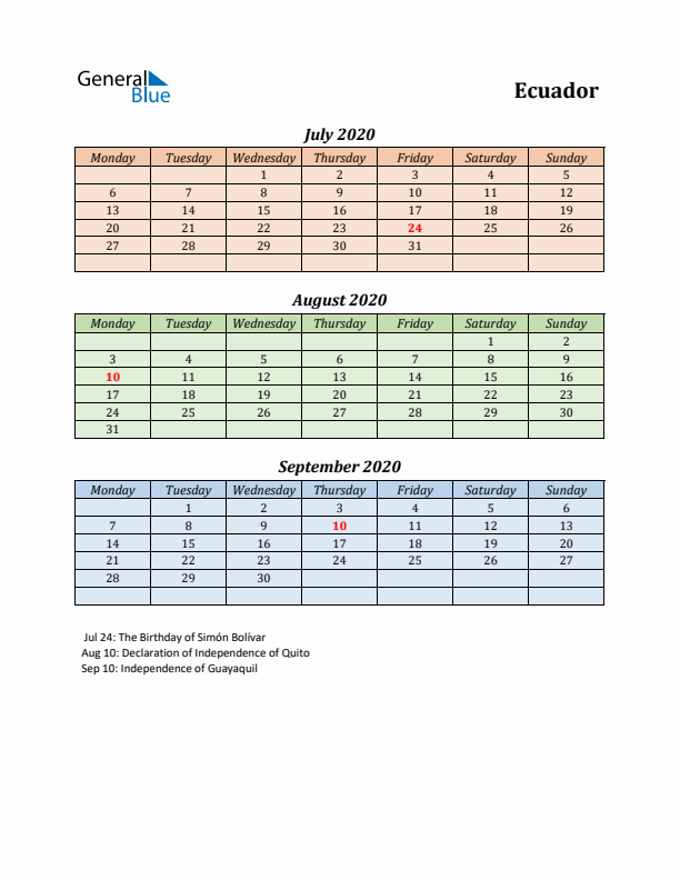 Q3 2020 Holiday Calendar - Ecuador