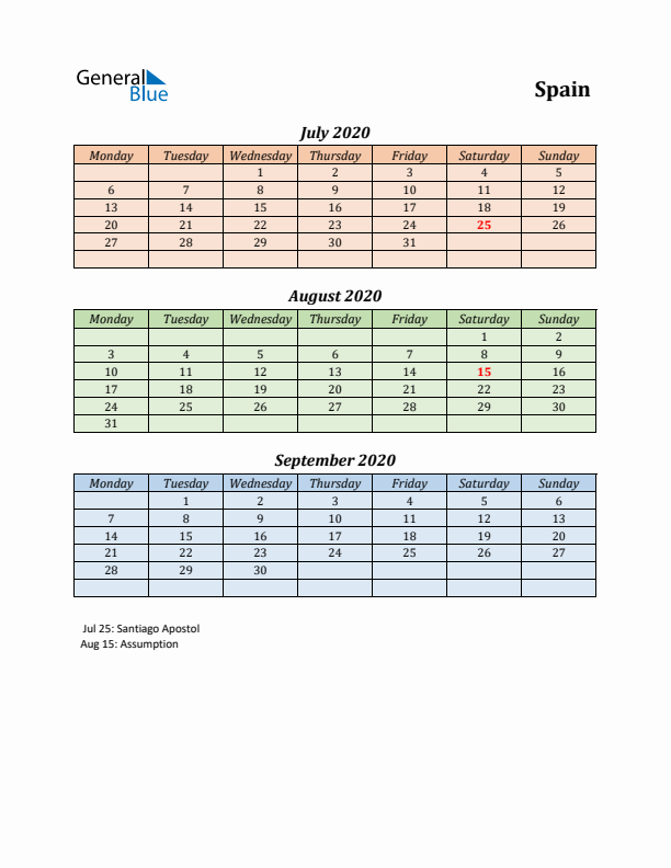 Q3 2020 Holiday Calendar - Spain