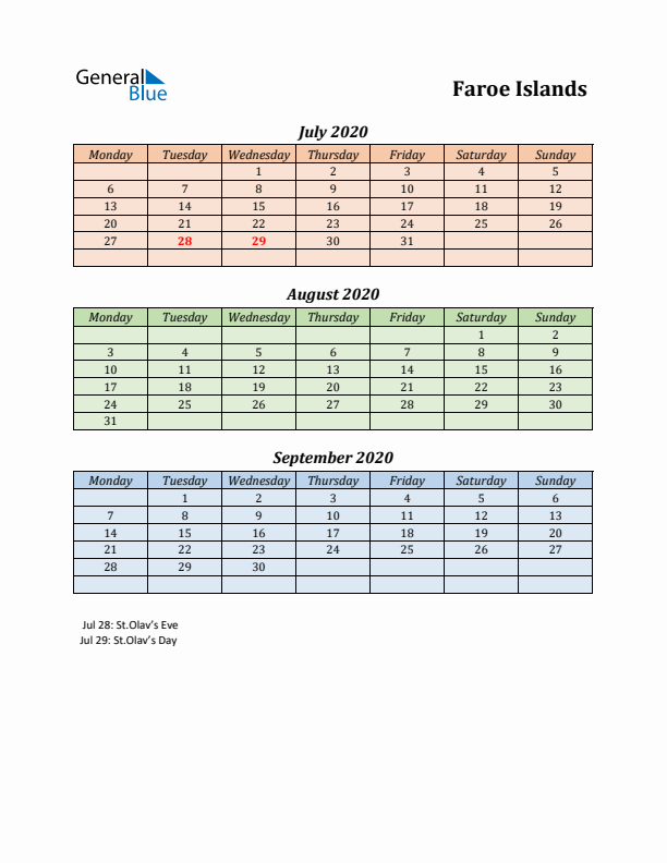 Q3 2020 Holiday Calendar - Faroe Islands