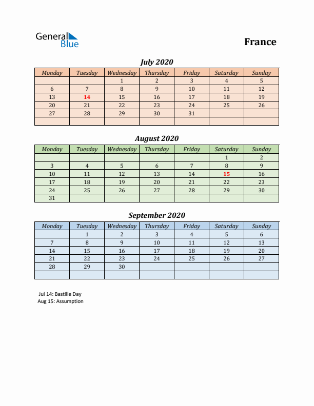 Q3 2020 Holiday Calendar - France