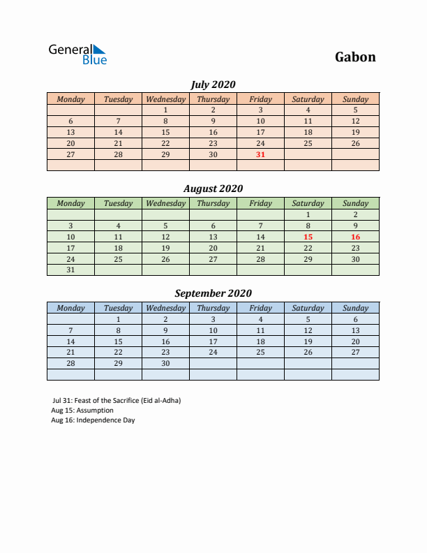 Q3 2020 Holiday Calendar - Gabon