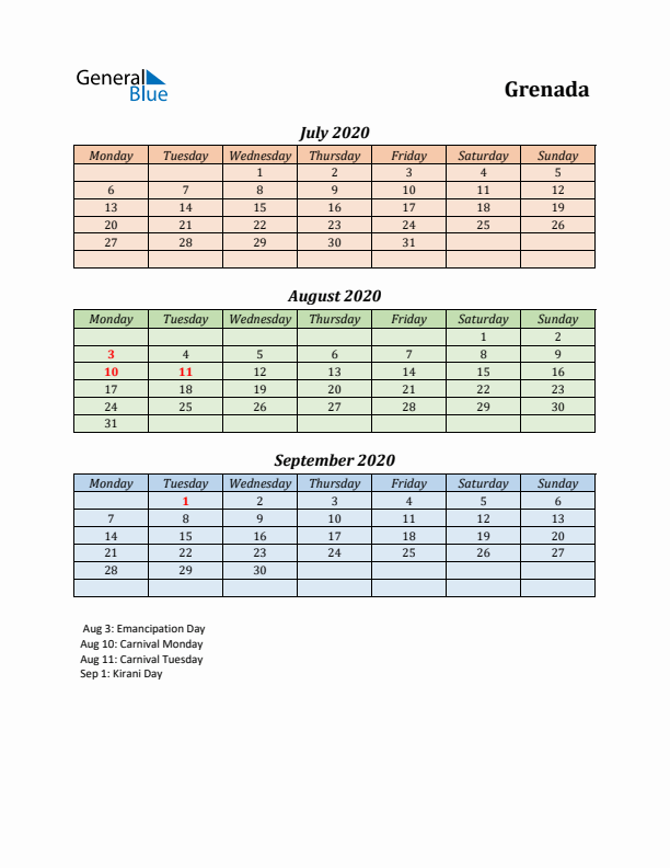 Q3 2020 Holiday Calendar - Grenada