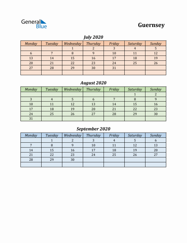 Q3 2020 Holiday Calendar - Guernsey