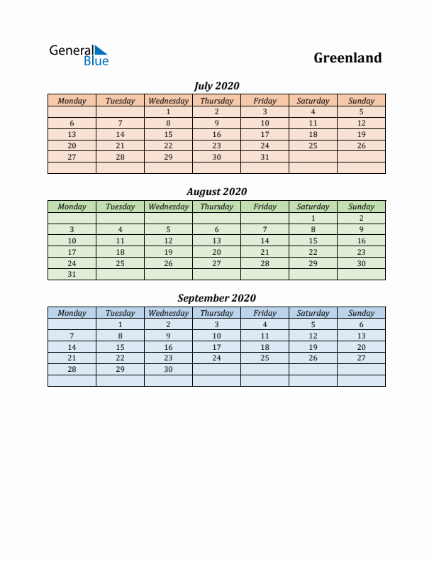 Q3 2020 Holiday Calendar - Greenland