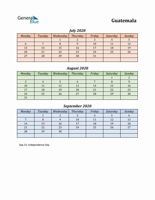 Q3 2020 Holiday Calendar - Guatemala