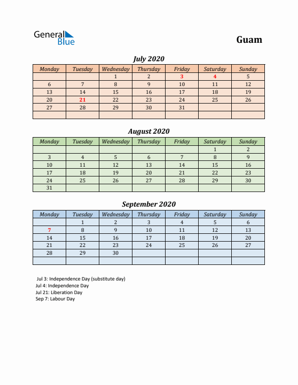 Q3 2020 Holiday Calendar - Guam