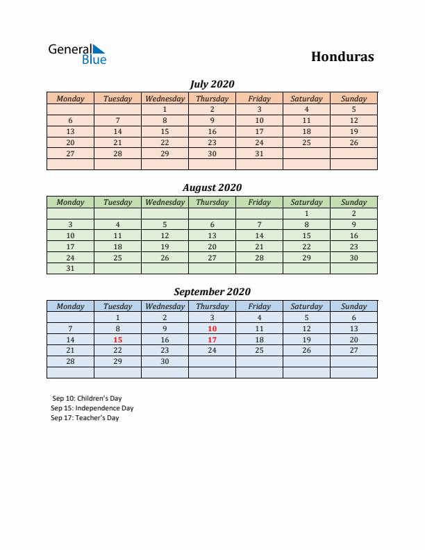 Q3 2020 Holiday Calendar - Honduras